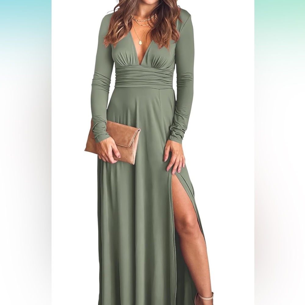 Women Deep V Neck Long Sleeve Slit Formal Maxi Long Dress